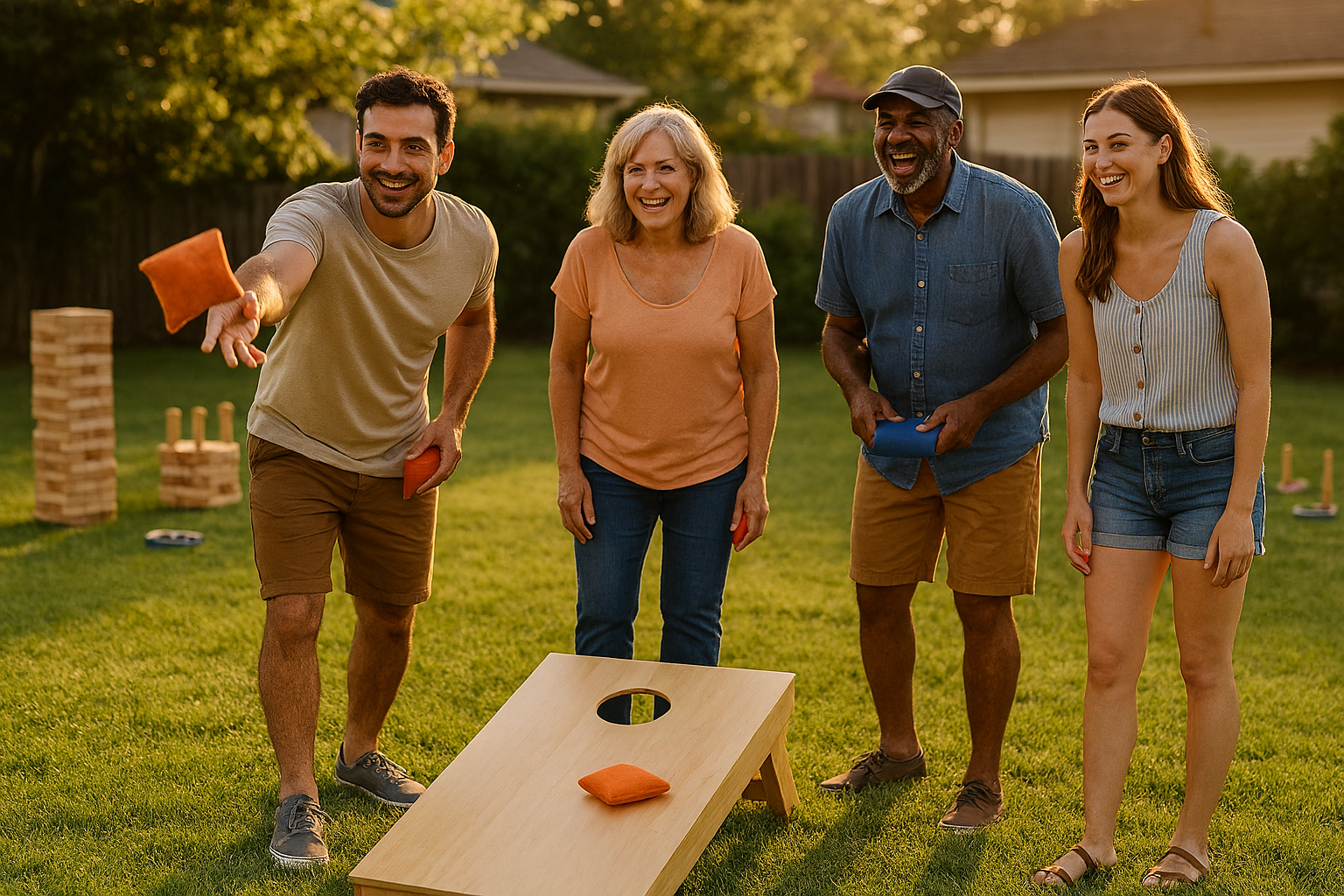 family playing yard games
